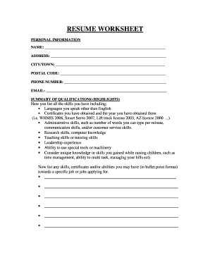Resume Worksheet
