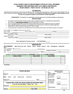 Utah Birth Certificate Request Form