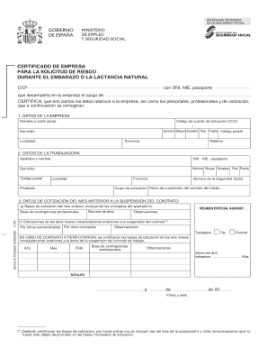 Certificado de Empresa para la Solicitud de Riesgo durante el Embarazo o la Lactancia Natural