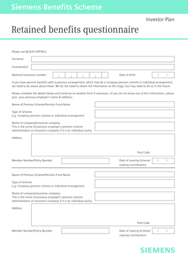 Siemens Retained Benefits Questionnaire