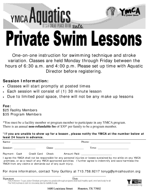 YMCA Swimming Lesson Registration Form