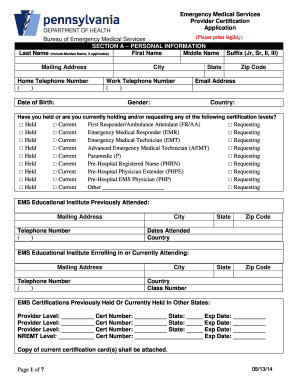 Emergency Medical Services Provider Certification Application