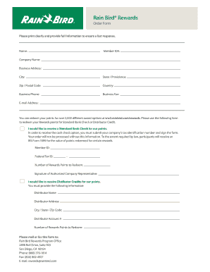 Rain Bird Rewards Order Form