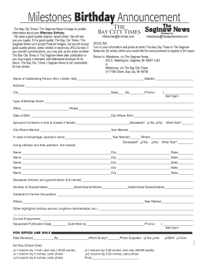 Milestone Birthday Announcement Form