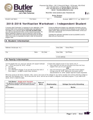 2015-2016 Verification Worksheet – Independent Student