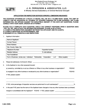 Application for Inspection Services Errors & Omissions Insurance