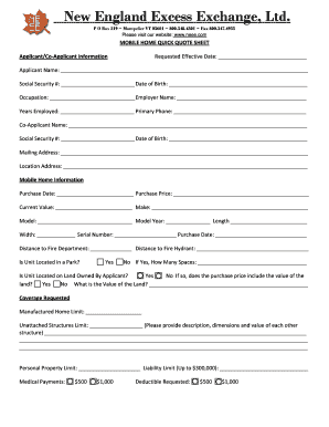 Mobile Home Insurance Quote Sheet