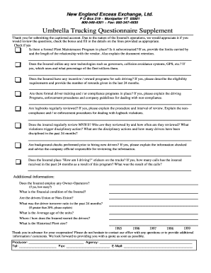 Umbrella Trucking Questionnaire Supplement