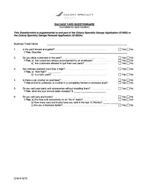Salvage Yard Questionnaire