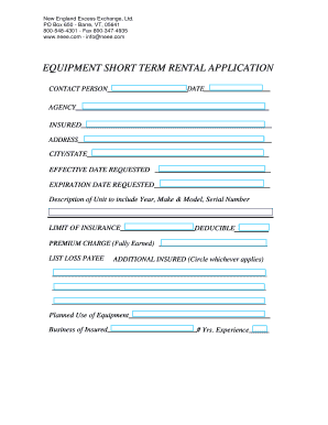 Equipment Short Term Rental Application