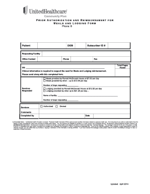 Prior Authorization and Reimbursement Form for Meals and Lodging