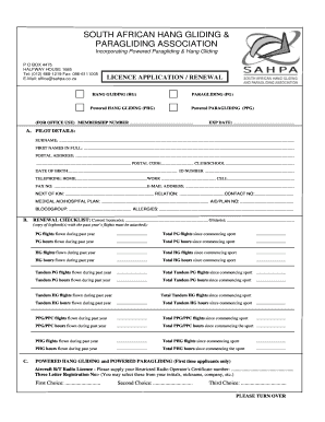 South African Hang Gliding and Paragliding Association Membership Renewal Form