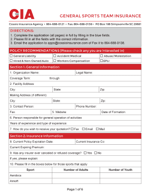 CTHEIA General Sports Team Insurance Application
