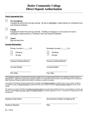 Sample memo - Butler Community College Direct Deposit Authorization Check Appropriate Box: New Enrollment Complete the entire form and sign and date - boeintranet butlercc