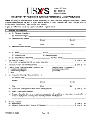 Physicians and Surgeons Professional Liability Insurance Application