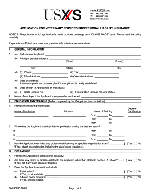 Veterinary Services Professional Liability Insurance Application