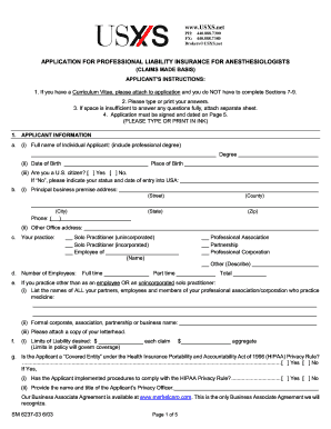 Professional Liability Insurance Application for Anesthesiologists
