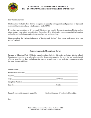 Pasadena Unified School District Acknowledgement Form