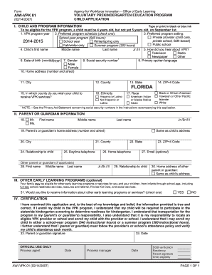 Florida VPK Child Application Form