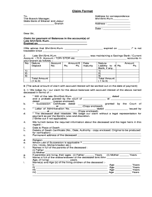 Bank Claim Form for Deceased Account Balances