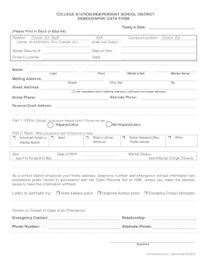 College Station Independent School District Demographic Data Form