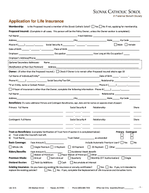 Slovak Catholic Sokol Life Insurance Application