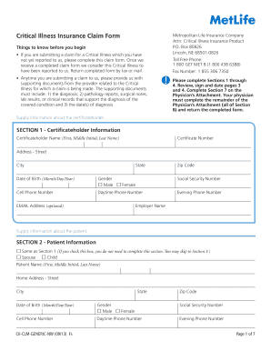 Metropolitan Life Critical Illness Insurance Claim Form