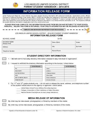 Los Angeles Unified School District Information Release Form