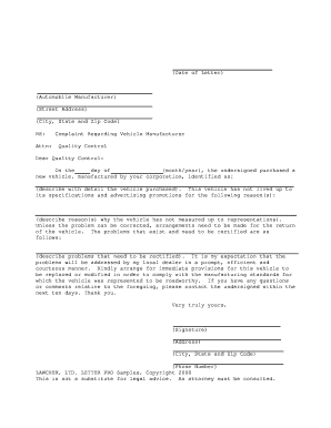 Complaint Letter to Automobile Manufacturer