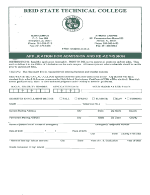 Reid State Technical College Application for Admission
