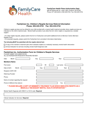 FamilyCare Children's Respite Services Authorization Form