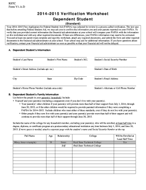 2014–2015 Verification Worksheet for Dependent Student