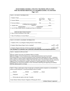SFUSD MIDDLE SCHOOL ATHLETIC TRANSFER APPLICATION FOR - cifsf