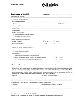 Fillable Online baloise Declaration of disability Contract No Fax Email ...