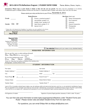 PTA Reflections Program Student Entry Form