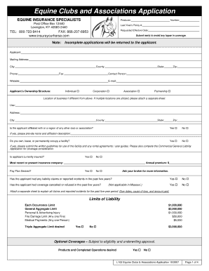 Equine Clubs and Associations Insurance Application