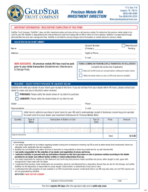 GoldStar Precious Metals IRA Investment Direction Form