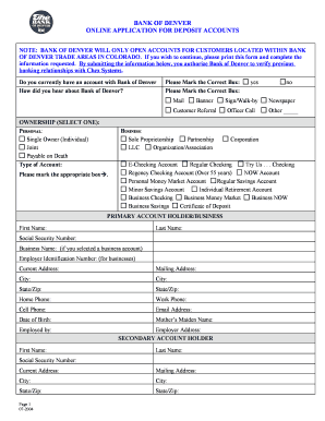 Bank of Denver Deposit Account Application