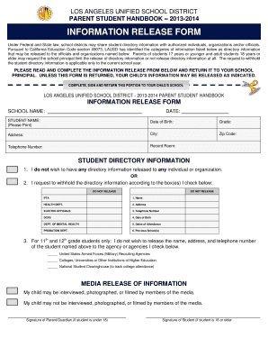LAUSD Student Directory Information Release Form