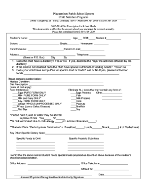 School Meal Diet Prescription Form