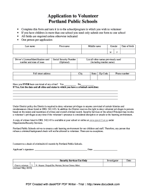 Portland Public Schools Volunteer Application