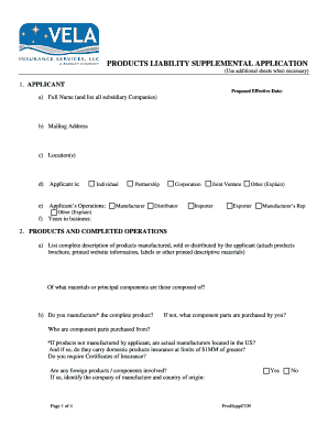 Products Liability Supplemental Application