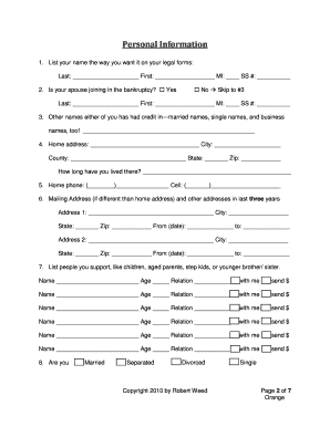 Bankruptcy Court Personal Information Form