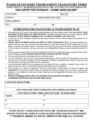 WAMO State Dart Tournament Entry Form