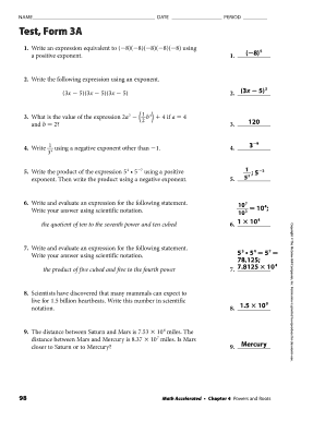 Pre-Algebra Chapter 4 Test Form 3A