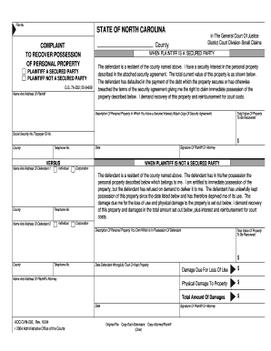 North Carolina Small Claims Complaint