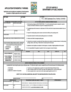 APPLICATION FOR MONTHLY PARKING CITY OF FAIRFIELD DEPARTMENT OF