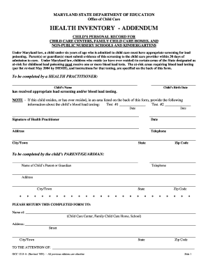 Maryland Child Care Lead Screening Form