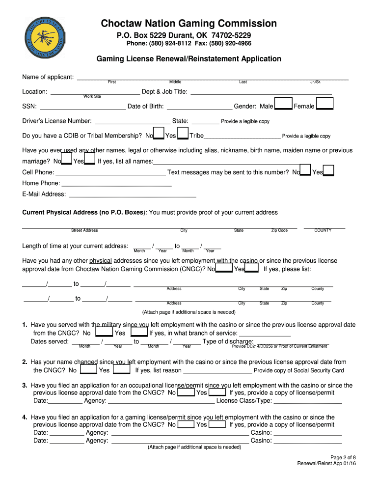Fillable Online Choctaw Nation Gaming Commission P Fax Email Print pdfFiller