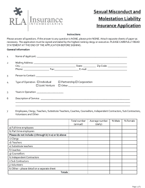 Sexual Misconduct and Molestation Liability Insurance Application